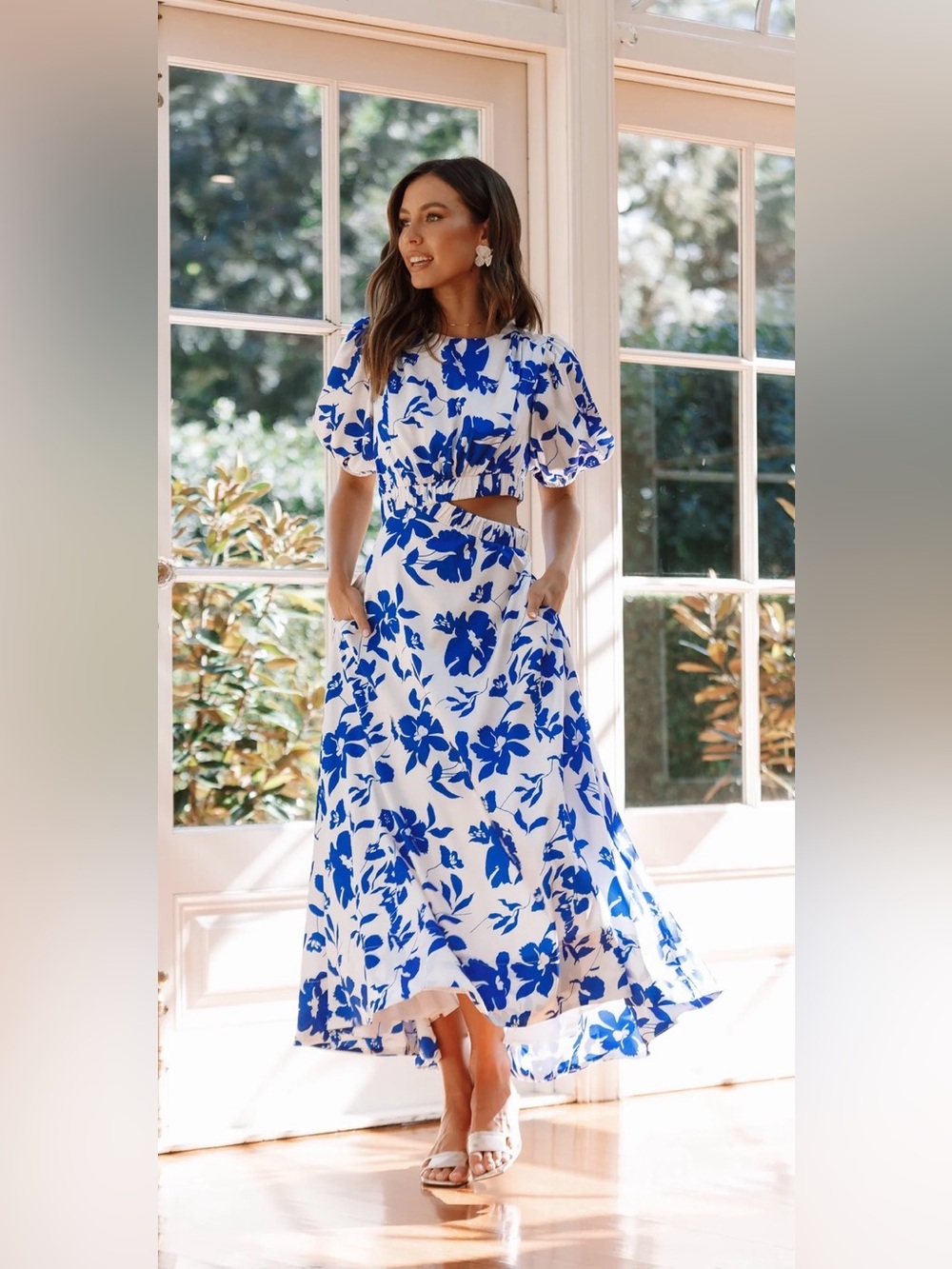 Petal & Pup White Midi Dress with Blue Floral Print and Puff Sleeves